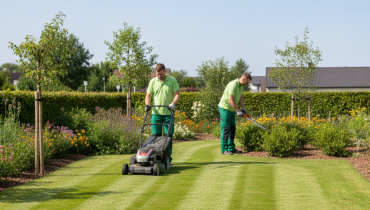 Professionelle Rasenpflege und Garteninstandhaltung durch Fachpersonal.